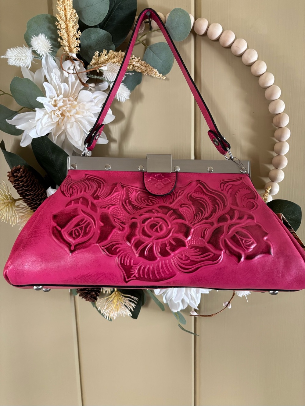 Patricia Nash Ferrara Pink Rose Embossed Leather Shoulder Bag